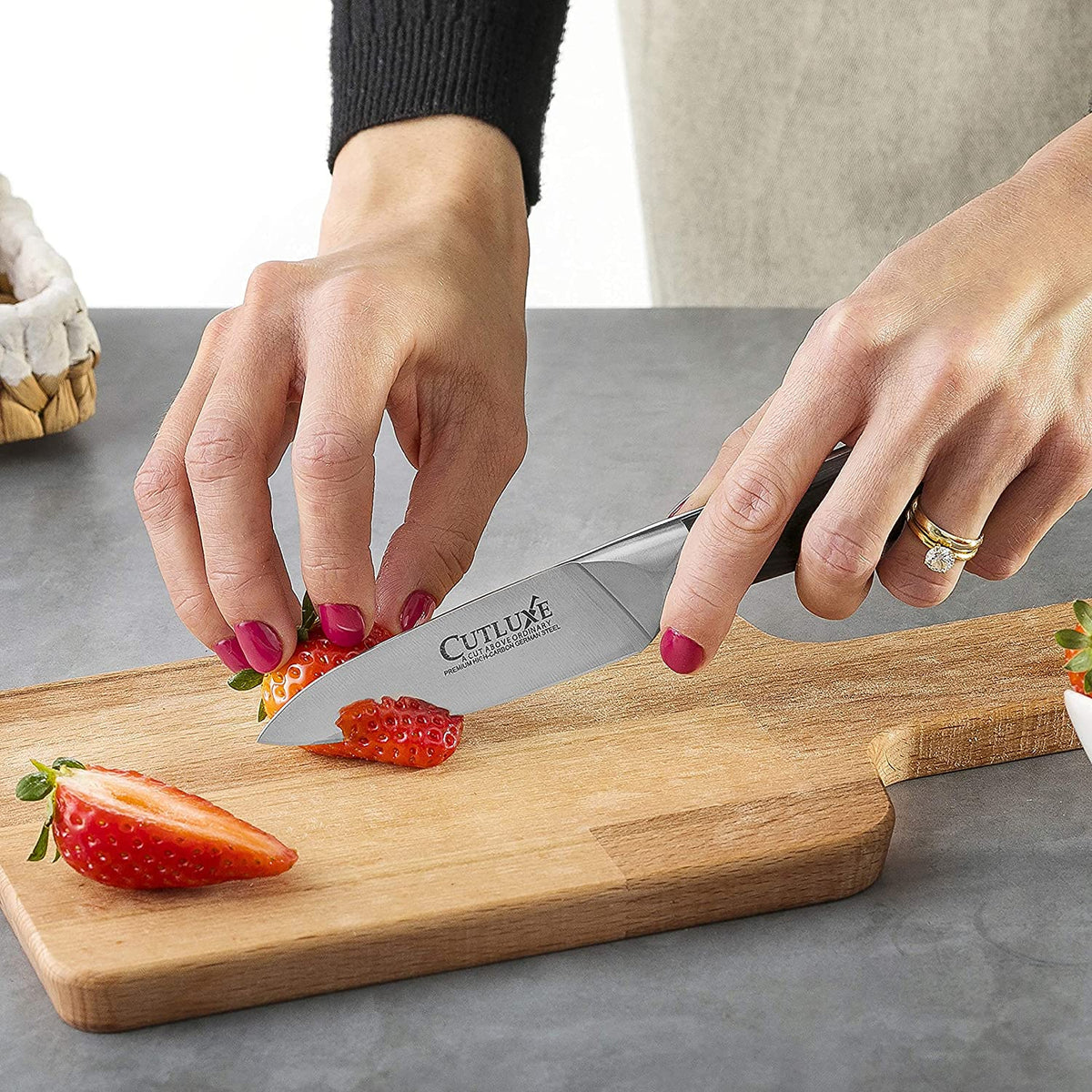 Product image 4 of 6: Precision kitchen knife slicing strawberries on wooden cutting board
