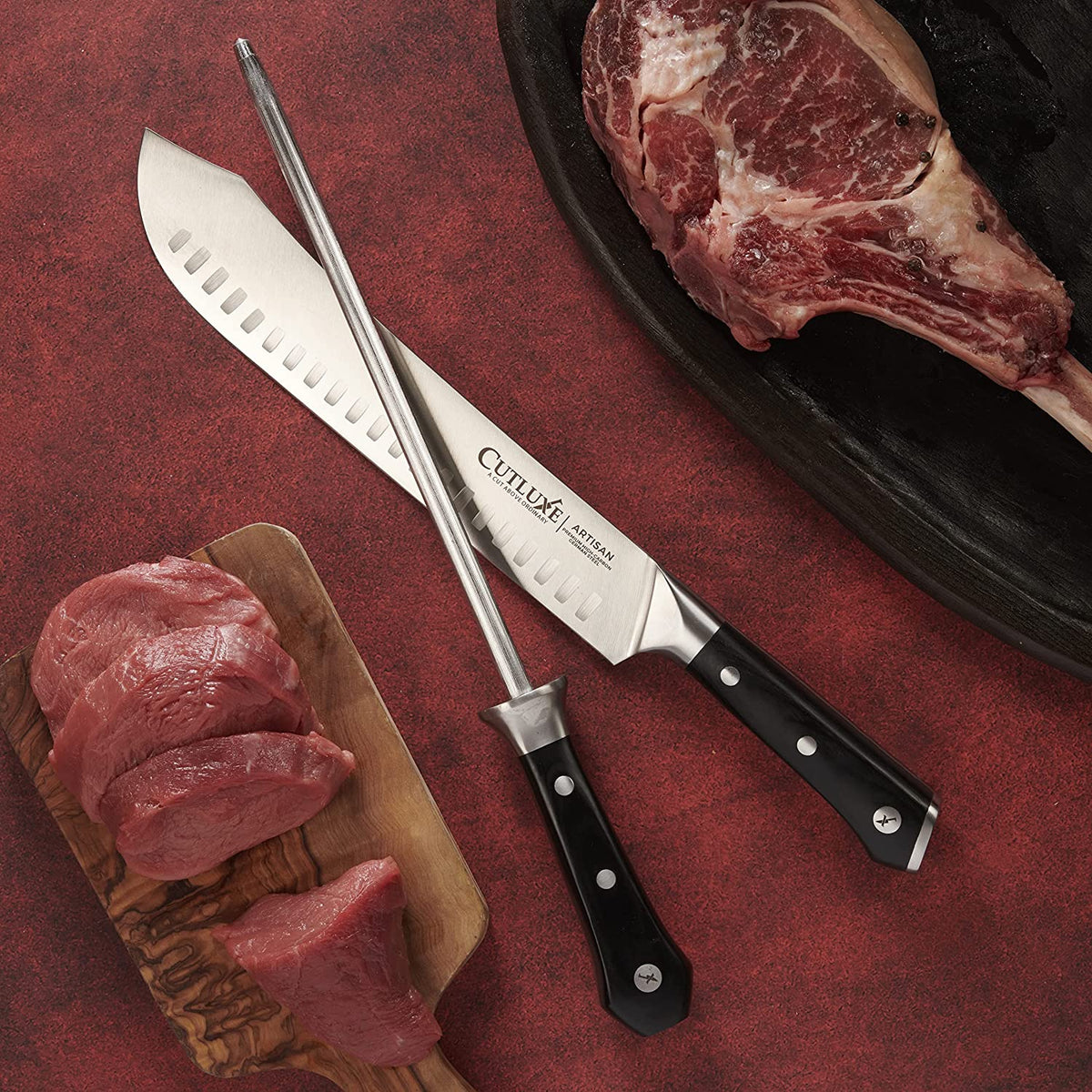 Product image 2 of 8: Sharp kitchen knife with black handle slicing raw meat on wooden board, ideal for home cooks and chefs