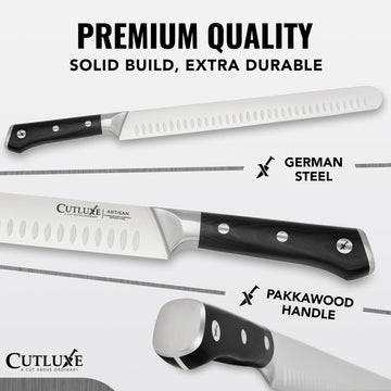 Premium German steel kitchen knives with Pakkawood handle, solid build for home cooks and chefs