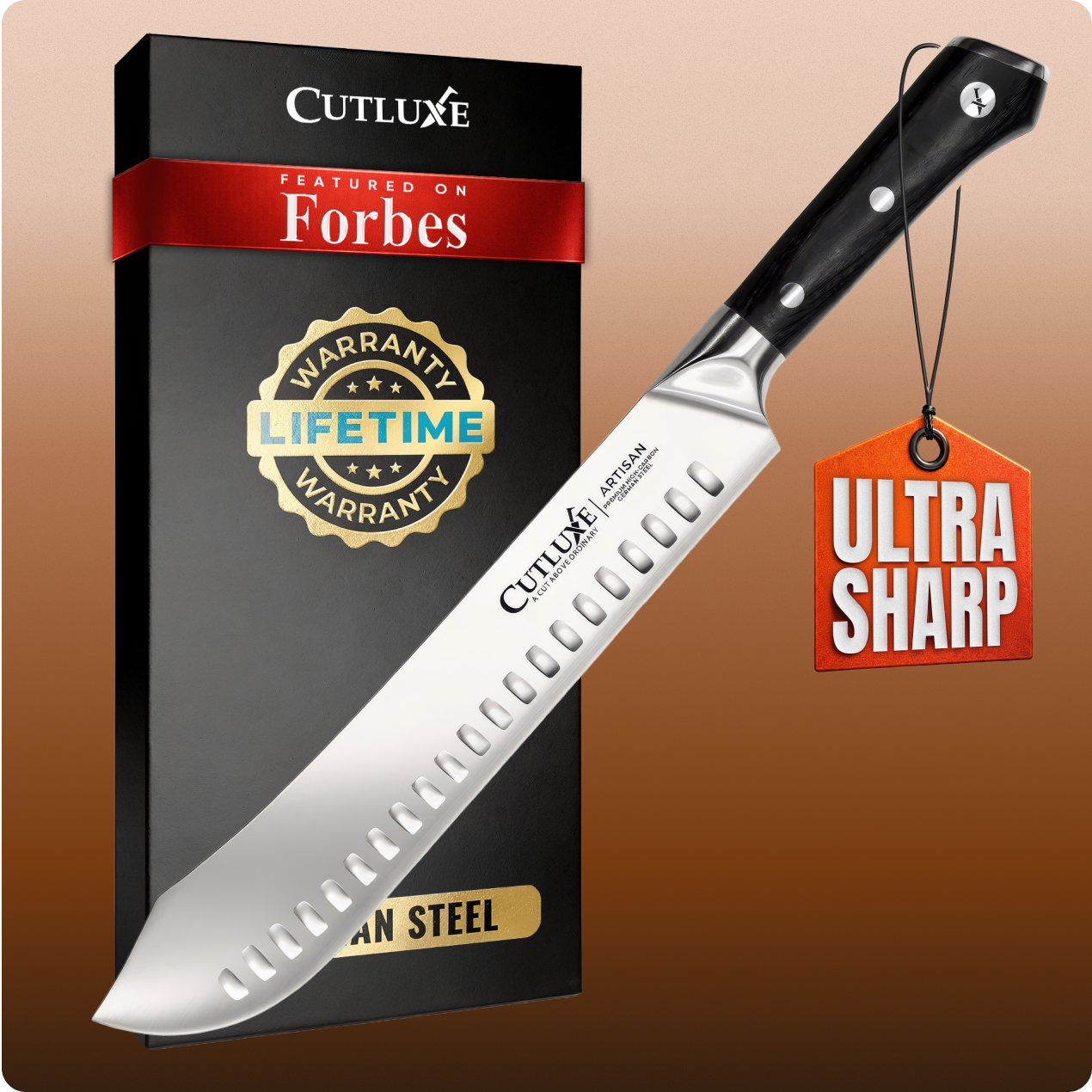 Ultra sharp Cutluxe kitchen knife with lifetime warranty, featured on Forbes, German steel blade