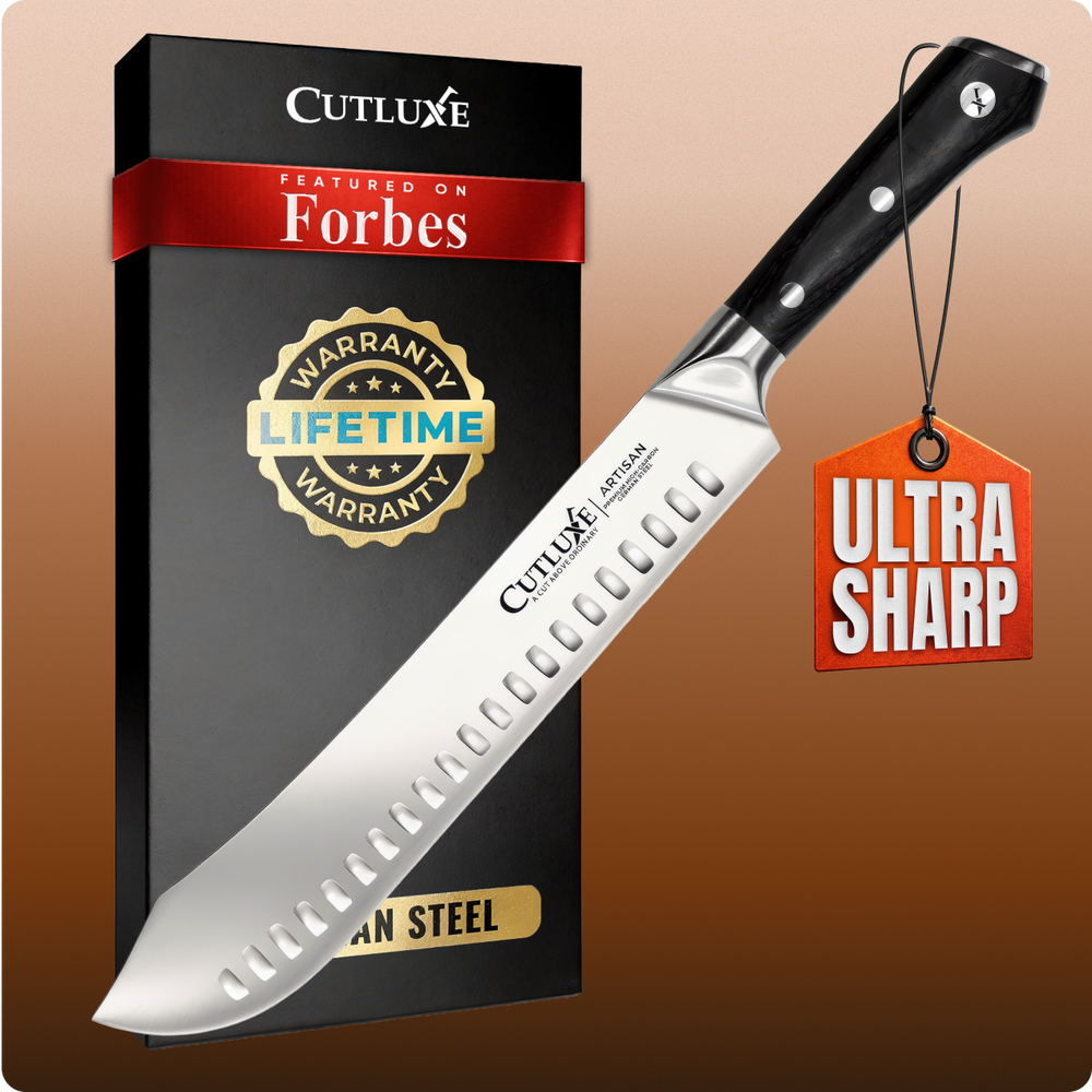 Ultra sharp Cutluxe kitchen knife with lifetime warranty, featured on Forbes, German steel blade