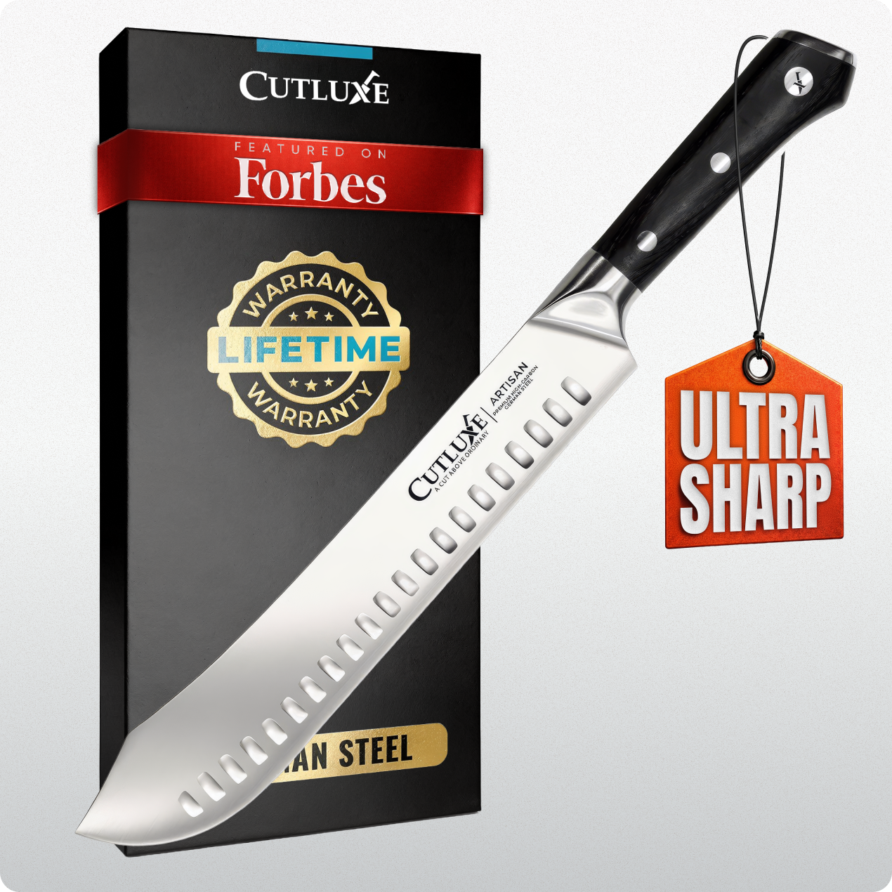 Product image 8 of 8: Ultra sharp artisan kitchen knife with lifetime warranty, featured on Forbes, premium steel blade