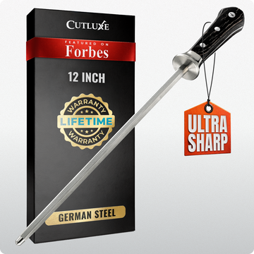 12-inch German steel kitchen knife with ultra-sharp edge, lifetime warranty, featured on Forbes