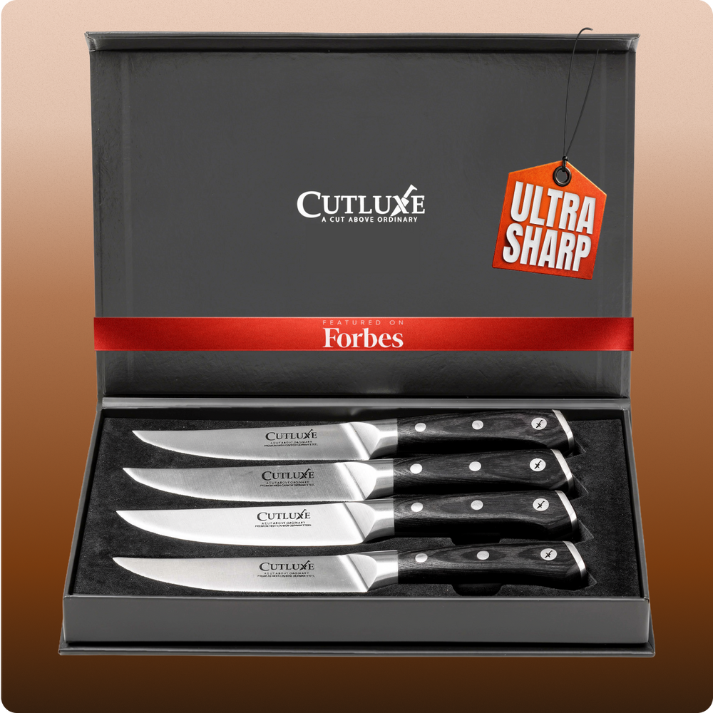 Ultra sharp Cutluxe kitchen knives set in luxury gift box, featured on Forbes