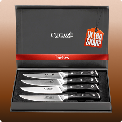 Ultra sharp Cutluxe kitchen knives set in luxury gift box, featured on Forbes