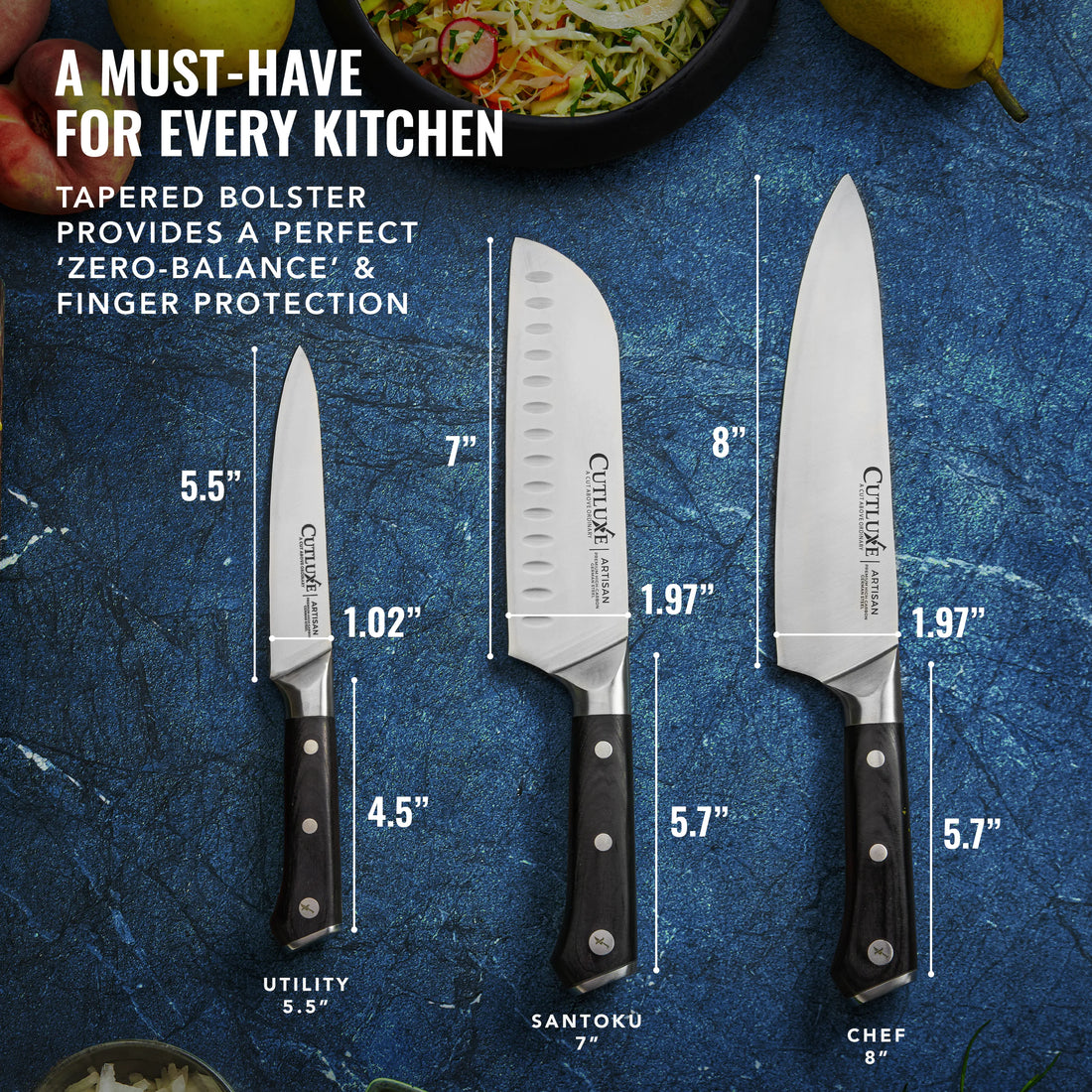 Ultra sharp German steel chef's knife set with solid build, 3 pieces, featured on Forbes