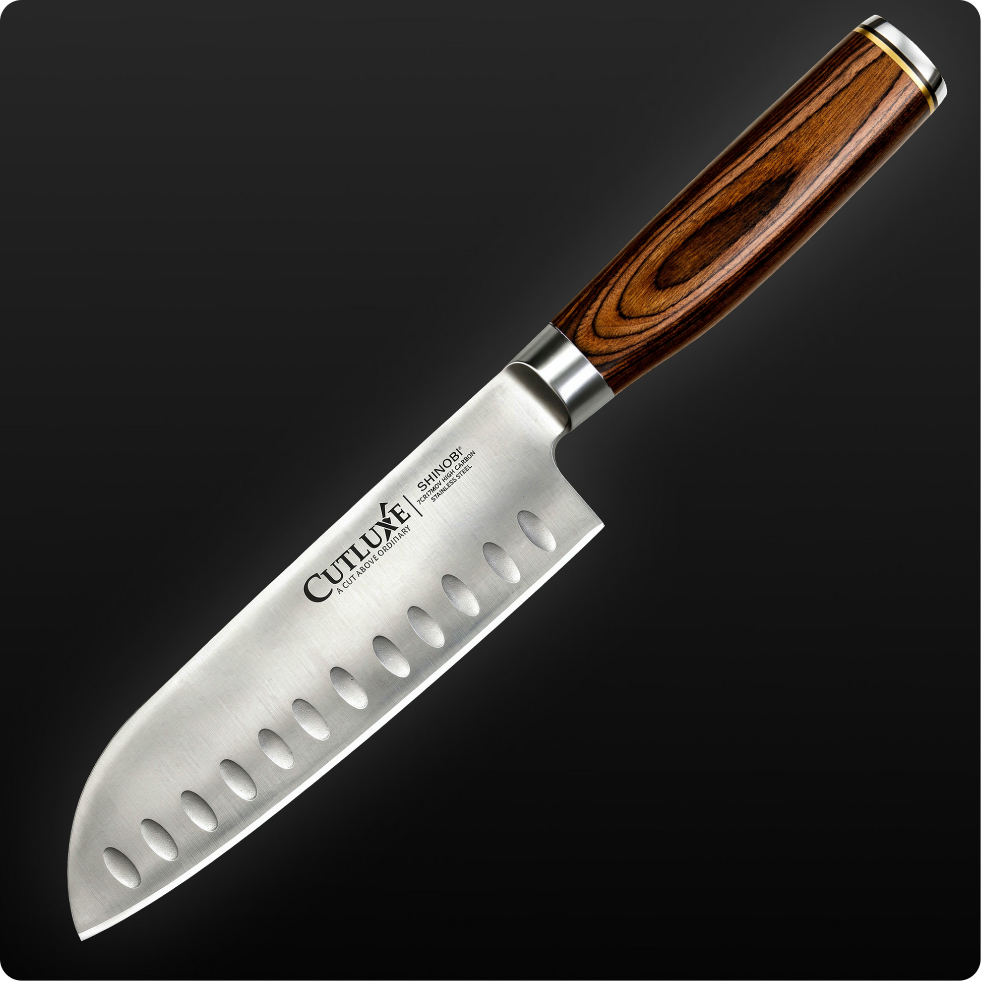 Product image 9 of 17: Cutluxe Shinobi chef knife with wooden handle and stainless steel blade, ideal for home cooks and chefs