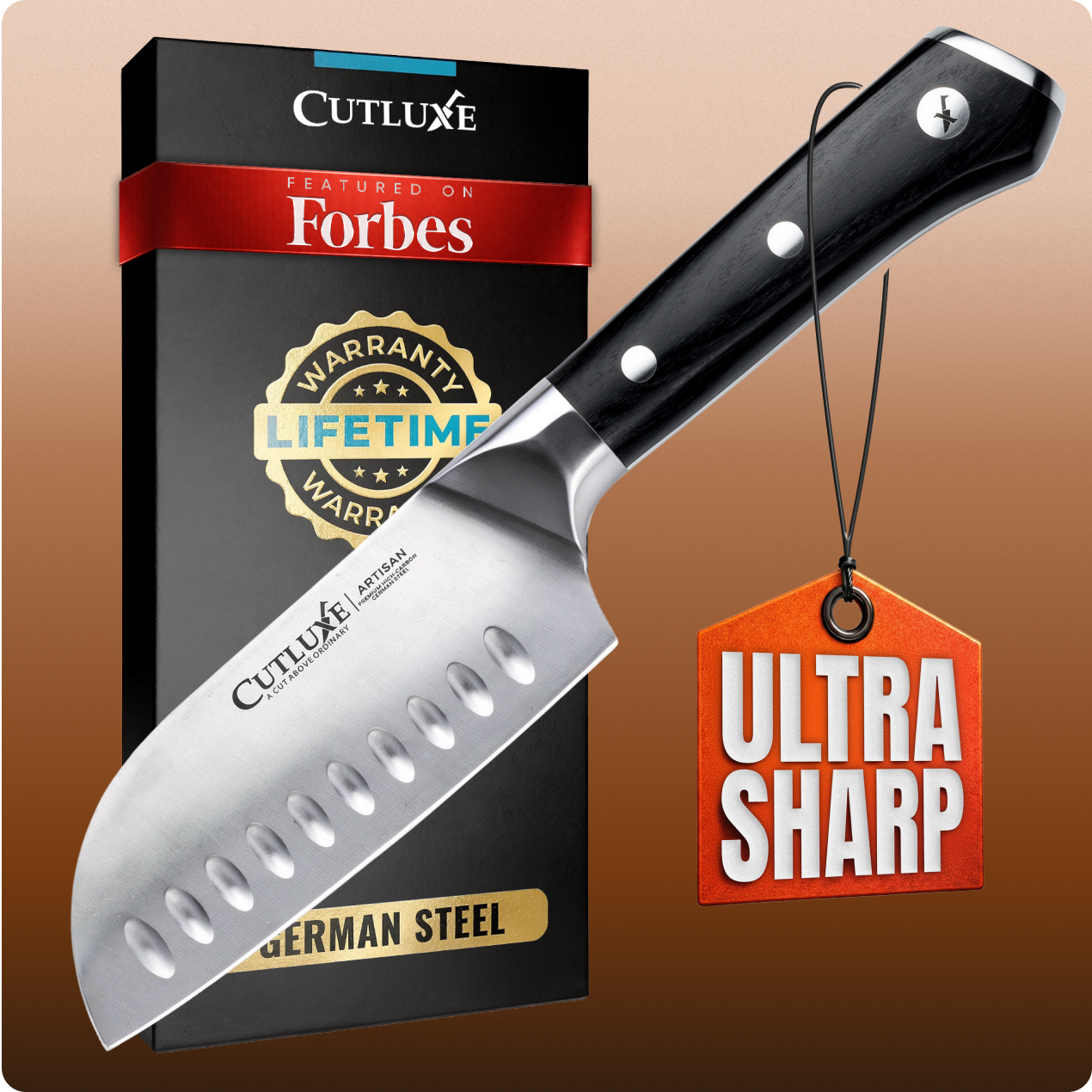 Ultra sharp German steel kitchen knife with black handle, lifetime warranty, featured on Forbes