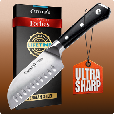 Ultra sharp German steel kitchen knife with black handle, lifetime warranty, featured on Forbes
