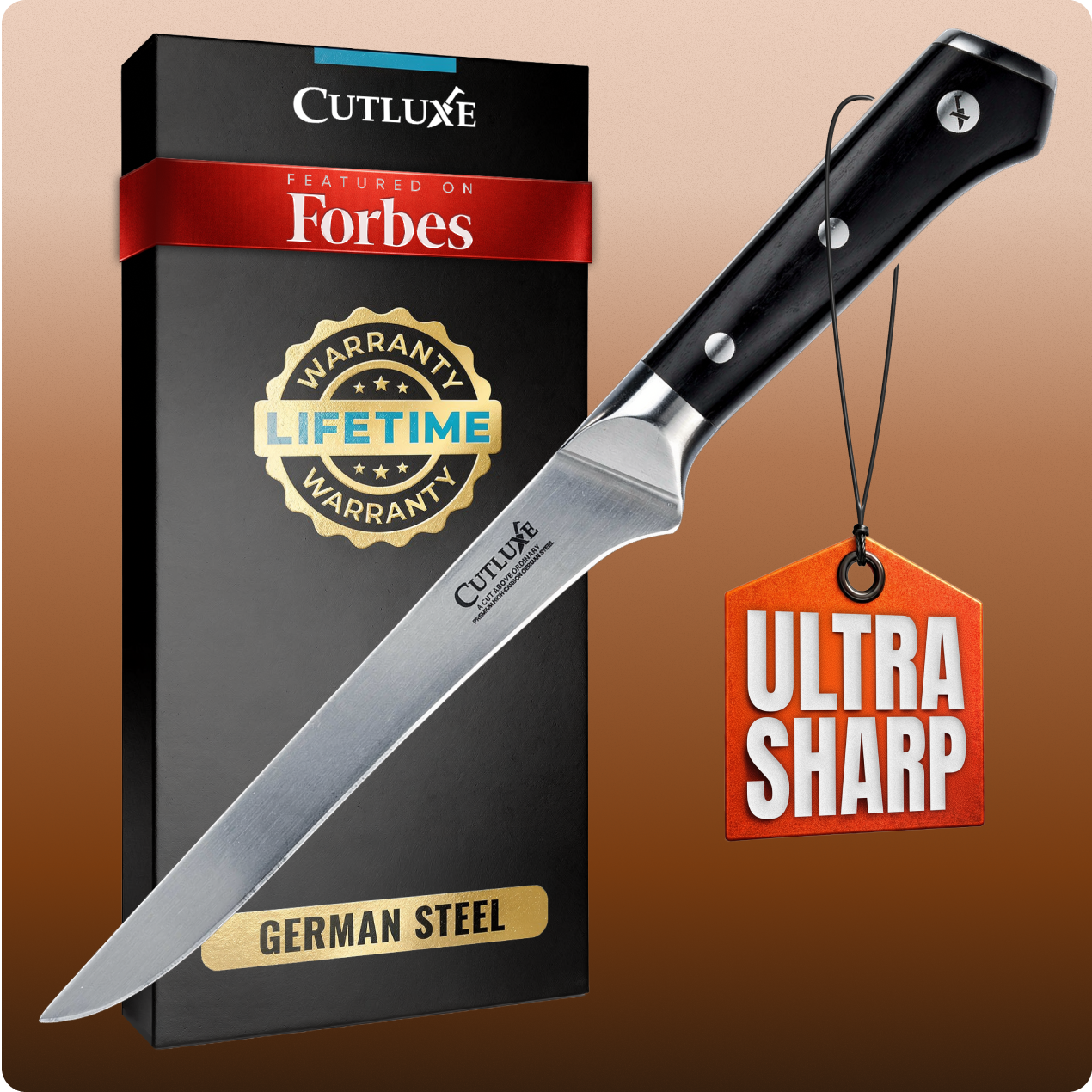 Ultra sharp German steel kitchen knife with lifetime warranty, featured on Forbes, ideal for home cooks and chefs