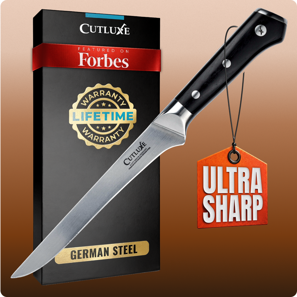 Ultra sharp German steel kitchen knife with lifetime warranty, featured on Forbes, ideal for home cooks and chefs