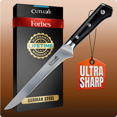Ultra sharp German steel kitchen knife with lifetime warranty, featured on Forbes, ideal for home cooks and chefs