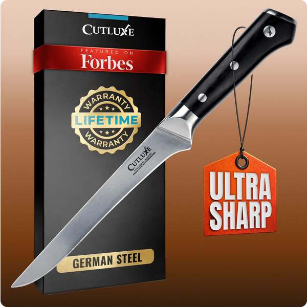 Ultra sharp German steel kitchen knife with lifetime warranty, featured on Forbes, ideal for home cooks and chefs