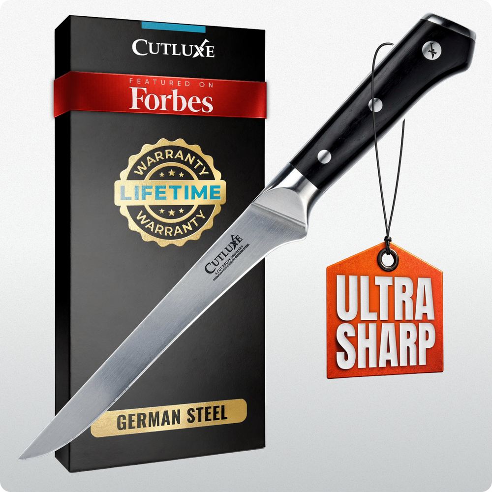 Ultra sharp German steel kitchen knife with lifetime warranty, featured on Forbes