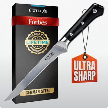 Ultra sharp German steel kitchen knife with lifetime warranty, featured on Forbes