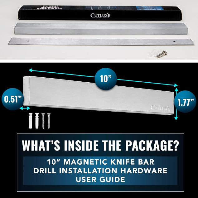 Cutluxe magnetic knife bar with installation hardware and user guide on a white background