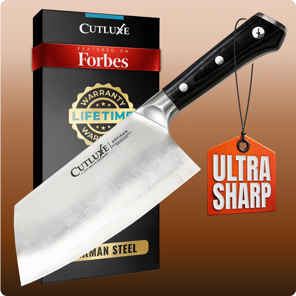 Ultra sharp artisan kitchen knife with German steel, lifetime warranty, featured on Forbes
