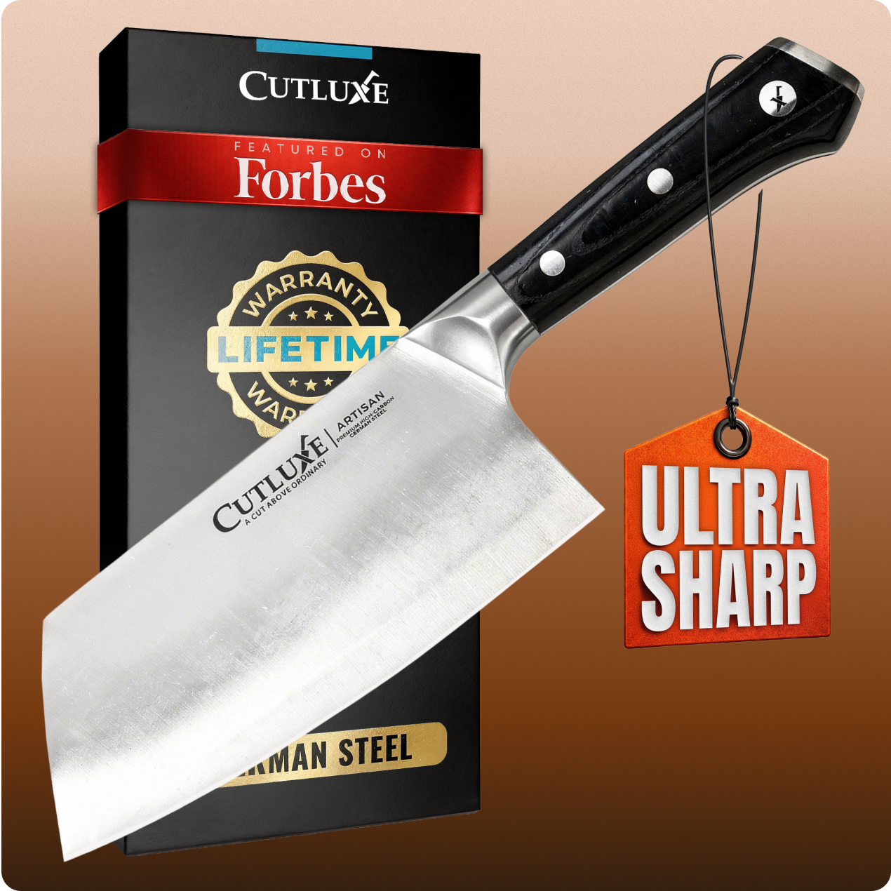 Product image 1 of 7: Ultra sharp artisan kitchen knife with German steel, lifetime warranty, featured on Forbes