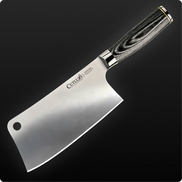 Cutluxe Shinobi cleaver knife with wood-textured handle, high carbon stainless steel blade for kitchen use