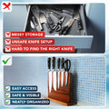 Comparison of messy knife storage with a wooden knife block on a tiled wall.