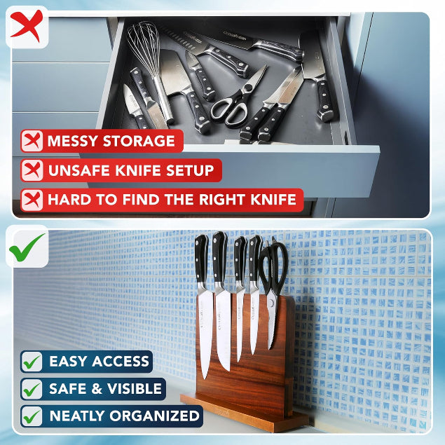 Comparison of messy knife storage with a wooden knife block on a tiled wall.