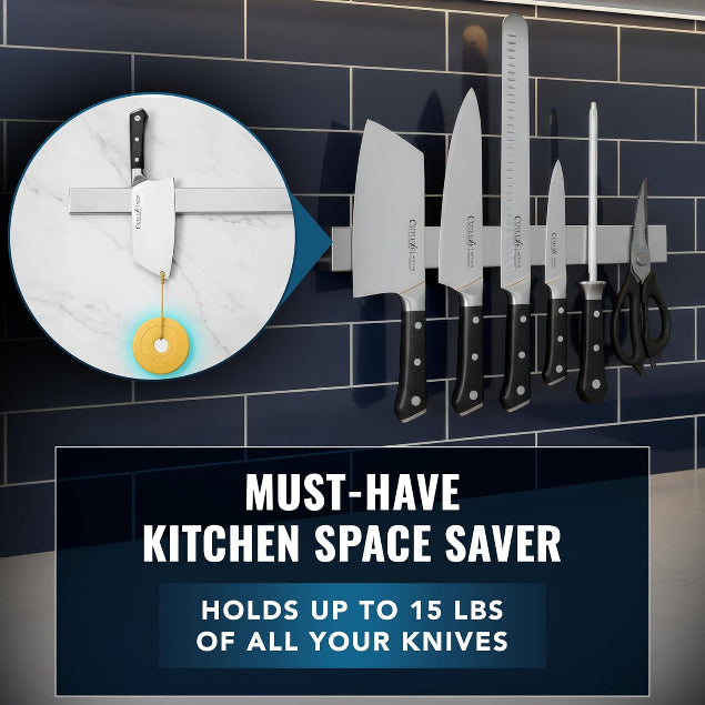 Magnetic knife holder with knives on a tiled wall, featuring text about space saver capacity.