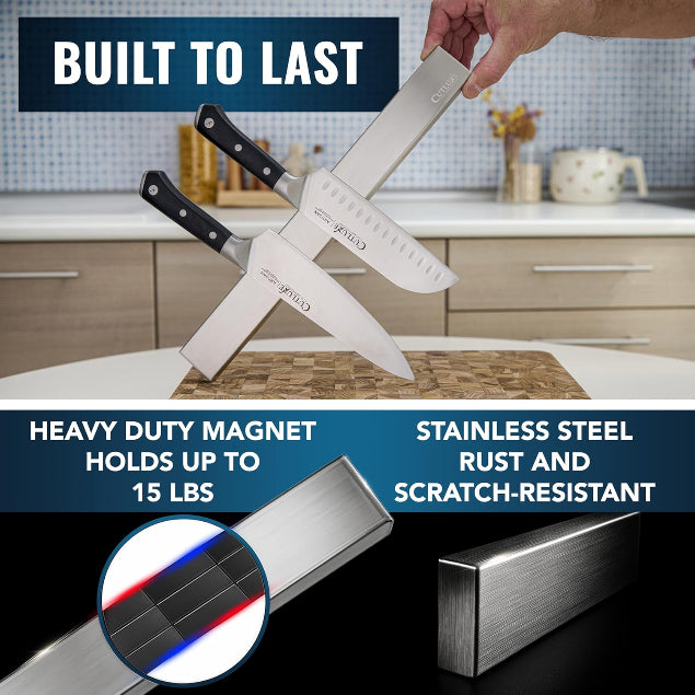 Set of knives with a magnetic strip on a kitchen counter, highlighting features like a heavy-duty magnet and stainless steel.