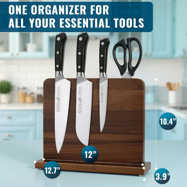 Wooden cutting board with knives and scissors on a kitchen counter