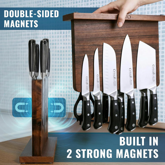 Set of knives with a wooden stand and text highlighting double-sided magnets and built-in magnets.