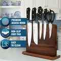 Set of knives and scissors on a wooden block with kitchen background