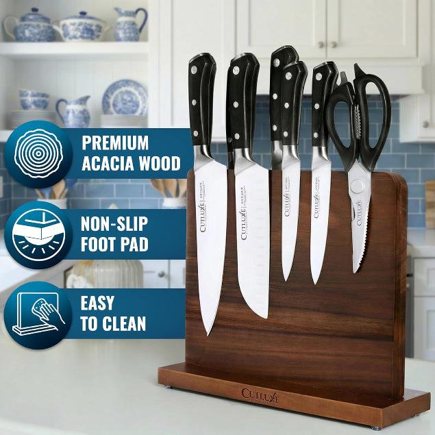 Set of knives and scissors on a wooden block with kitchen background