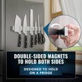 Fridge with magnetic knife holder holding various knives and scissors, with text about double-sided magnets.