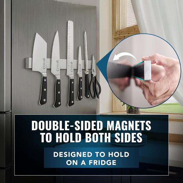 Fridge with magnetic knife holder holding various knives and scissors, with text about double-sided magnets.