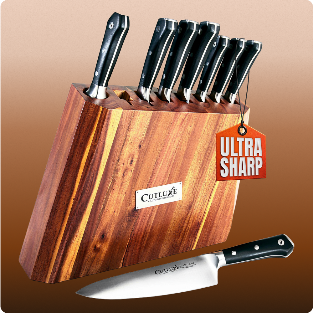 Ultra sharp kitchen knives in wooden block, artisan chef set for home cooks & professionals