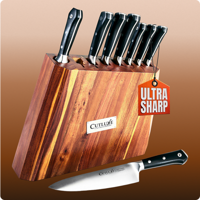 Ultra sharp kitchen knives in wooden block, artisan chef set for home cooks & professionals