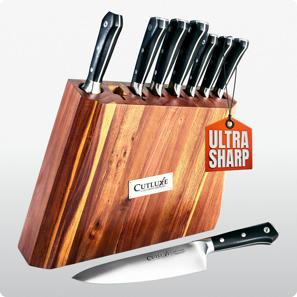Ultra sharp kitchen knives in wooden block, ideal for home cooks and chefs