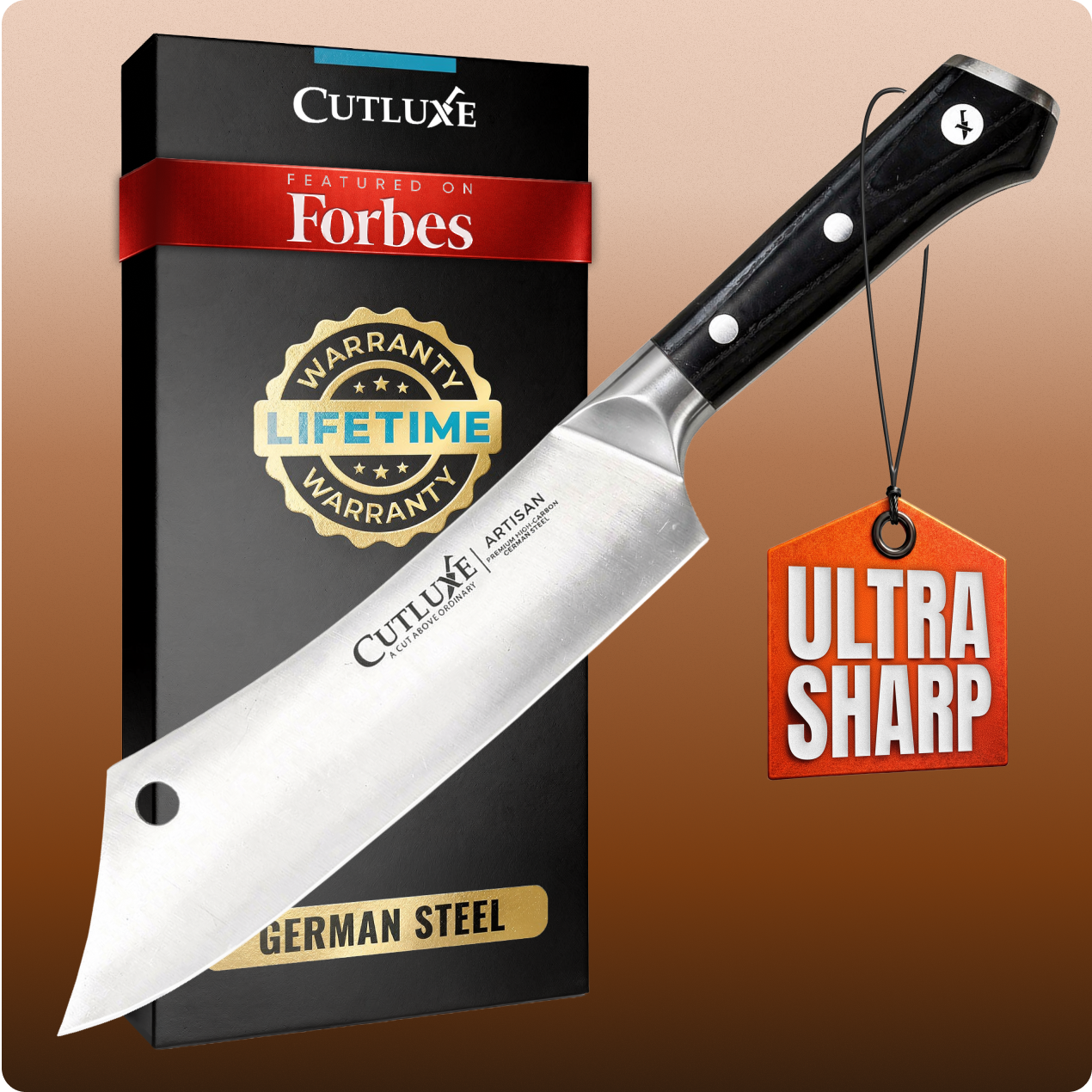 Product image 1 of 7: Ultra sharp German steel kitchen knife with lifetime warranty, featured on Forbes