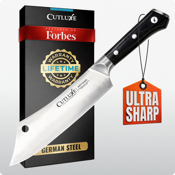 Ultra sharp German steel kitchen knife with lifetime warranty, featured on Forbes