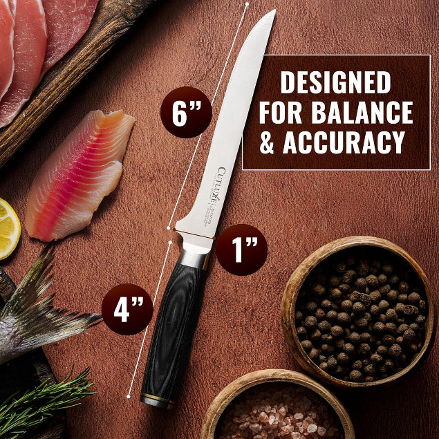 Product image 12 of 18: 6-inch kitchen knife with black handle, designed for balance and accuracy, surrounded by fish, herbs, and spices