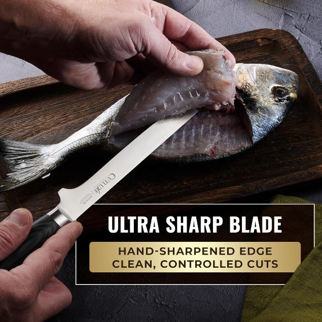 Product image 13 of 18: Ultra sharp kitchen knife filleting fish on wooden board, hand-sharpened for clean cuts