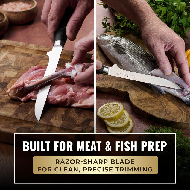 Product image 15 of 18: Kitchen knife trimming meat and filleting fish on wooden cutting board, razor-sharp blade for precise prep