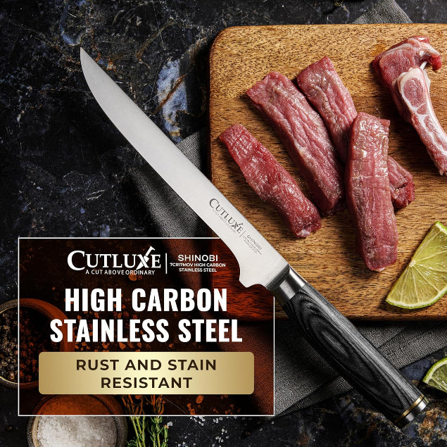 Product image 16 of 18: High carbon stainless steel kitchen knife slicing raw meat on wooden cutting board