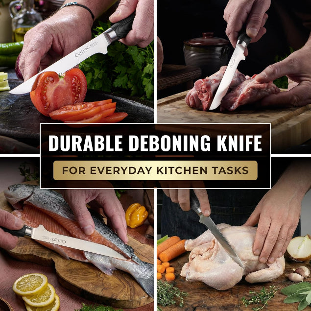 Product image 14 of 18: Durable deboning knife slicing tomato, fish, chicken, and meat for everyday kitchen tasks