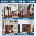 Wooden knife block, tool holder, stationery holder, and office organizer with text 'Organize More Than Just Knives' on a white background.