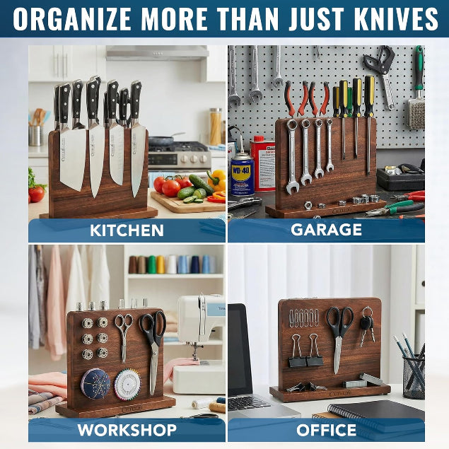 Wooden knife block, tool holder, stationery holder, and office organizer with text 'Organize More Than Just Knives' on a white background.