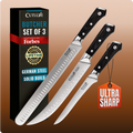 Set of three butcher knives with a Cutluxe packaging box on a brown background