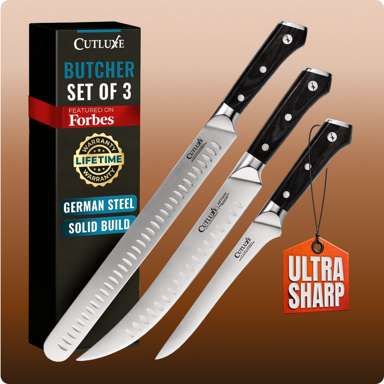 Set of three butcher knives with a Cutluxe packaging box on a brown background
