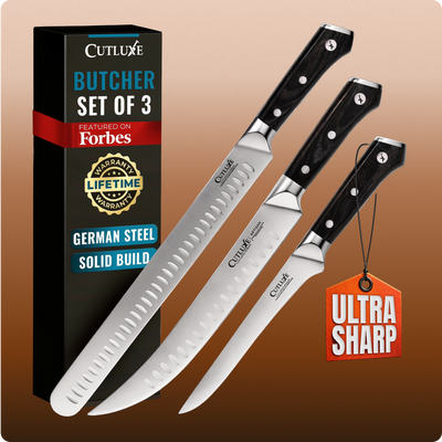 Butcher knife set of 3 with German steel blades, solid build, ultra sharp, lifetime warranty