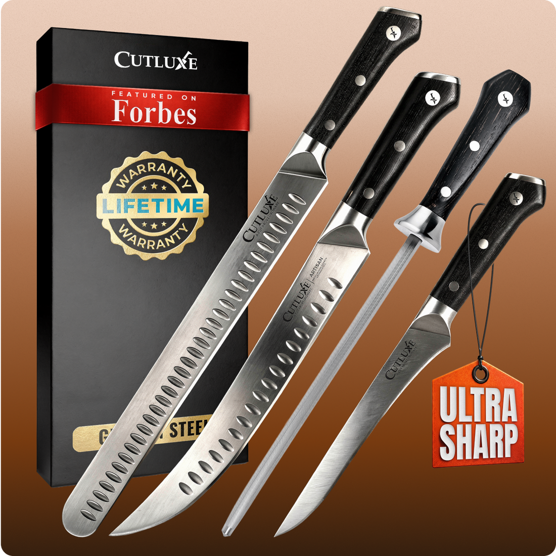 Ultra sharp Cutluxe kitchen knives with lifetime warranty, featured on Forbes, perfect for home cooks and chefs