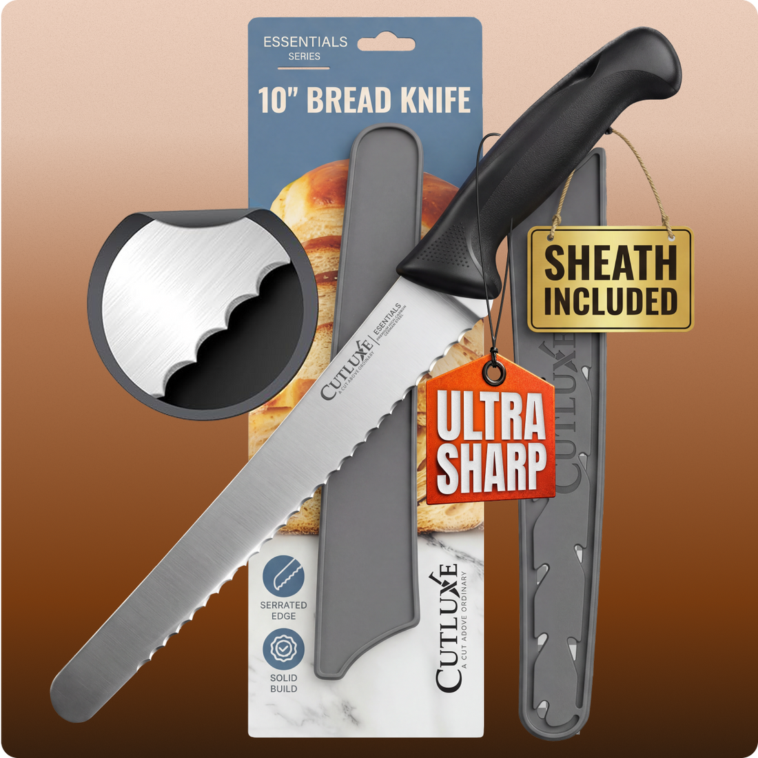 10-inch serrated bread knife with sheath, ultra sharp blade for kitchen use, solid build design